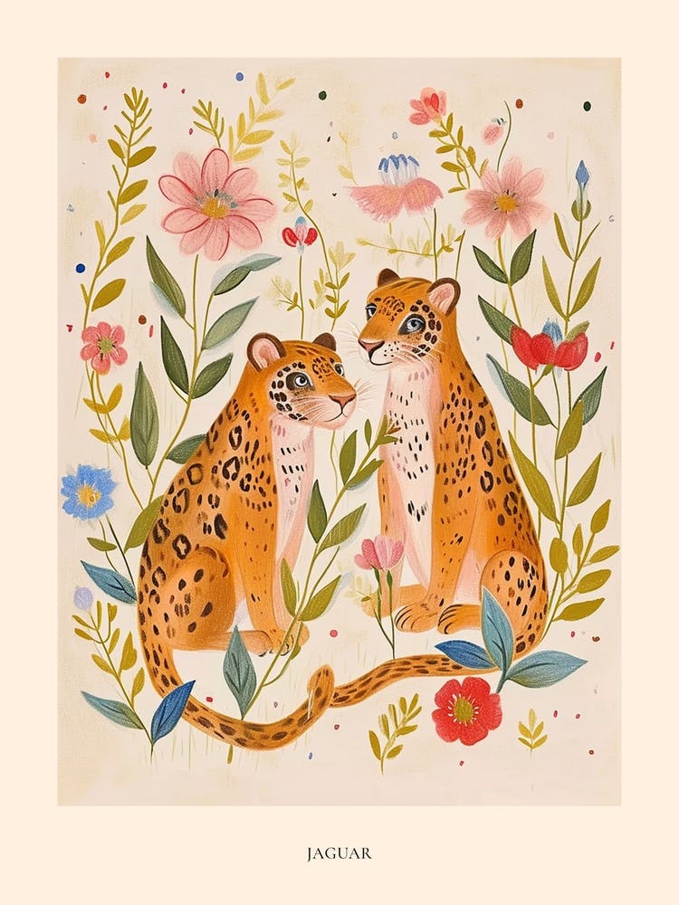 Folksy Floral Animal Drawing Jaguar 5 Poster