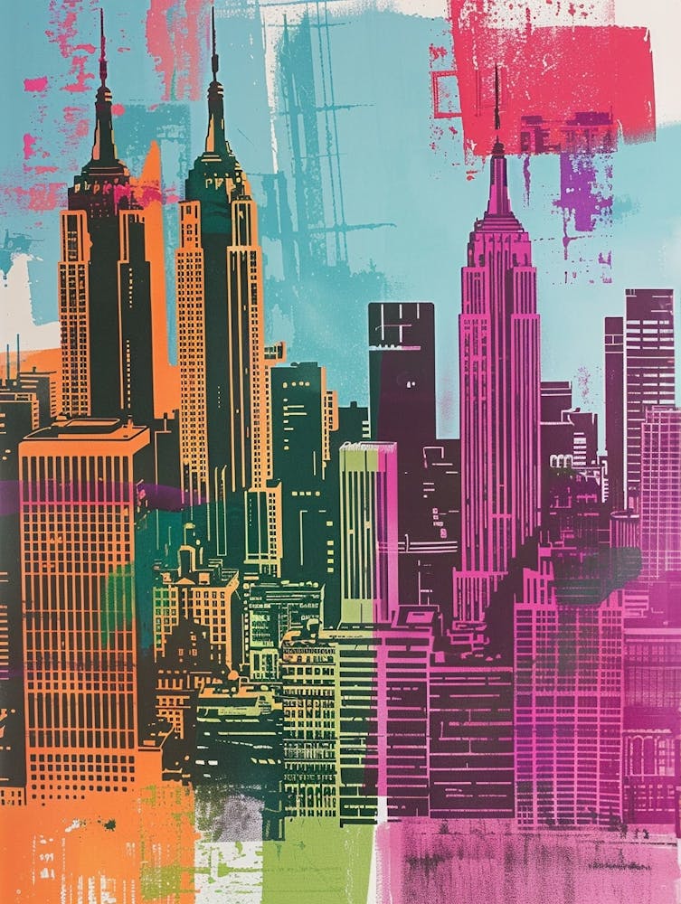 Manhattan Skyline New York Colourful Silkscreen Illustration 4