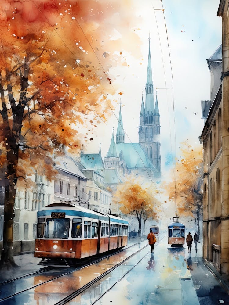 Zurich Switzerland In Autumn Fall, Watercolour 3