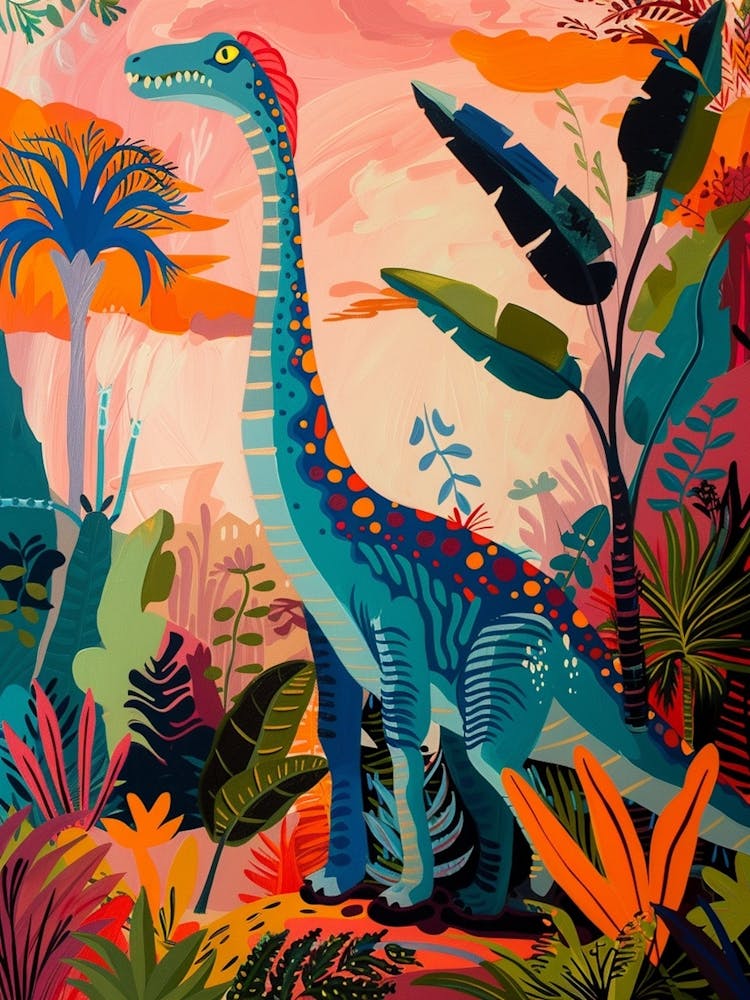 Colourful Dinosaur In The Leaves Painting 1