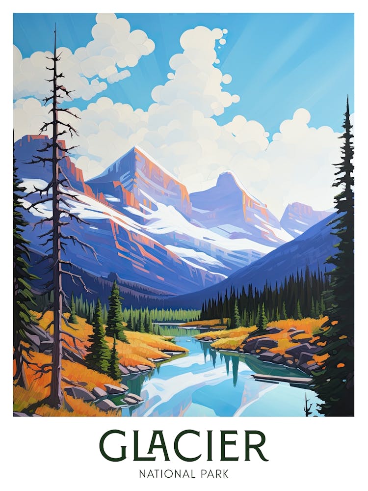 Glacier National Park Maximalistisches Reiseposter Leuchtende Farbe