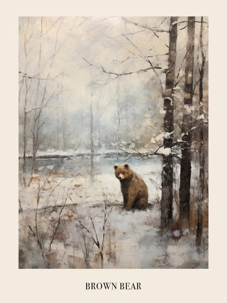 Vintage Winter Animal Painting Poster Brown Bear 4