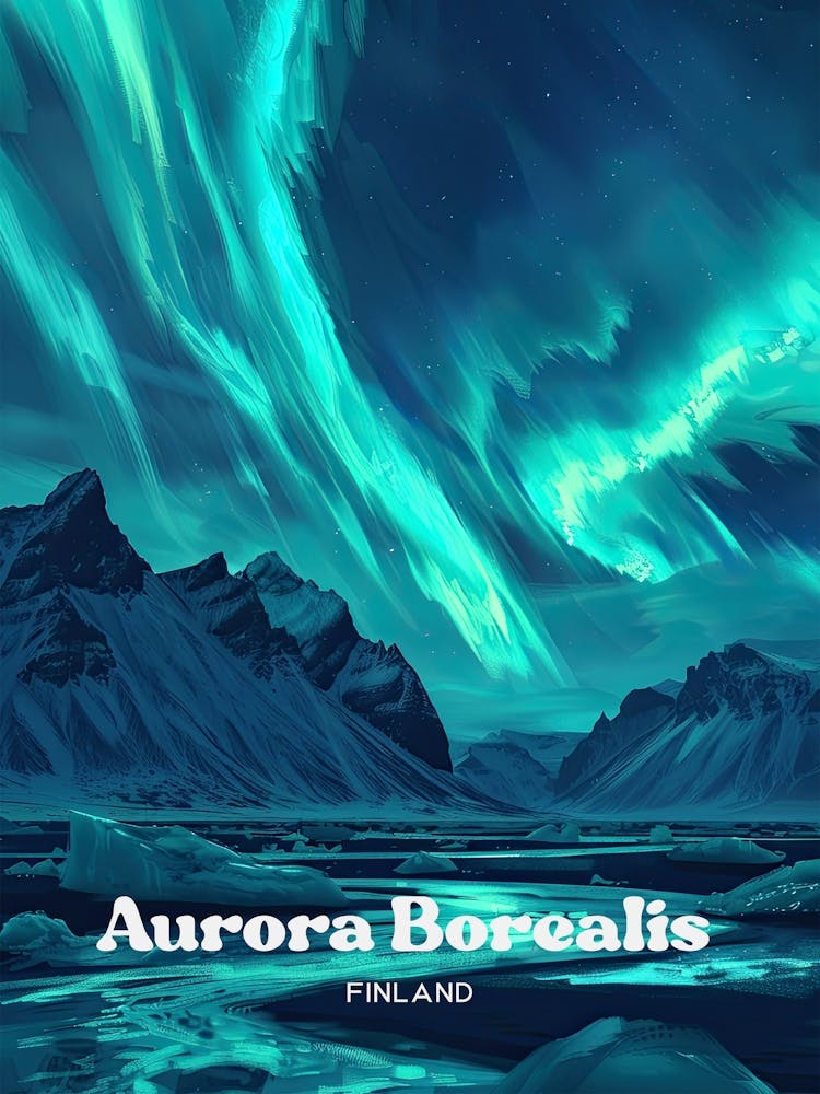 Aurora Borealis Iceland Northern Lights Travel Illustration