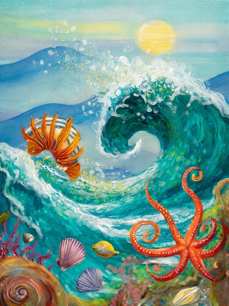 Surreal Composition Of Sea Creatures And Ocean Waves