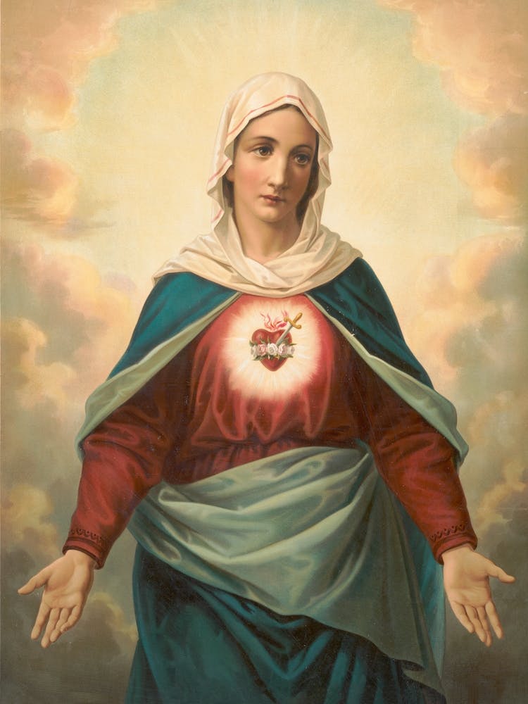 The Virgin Mary With Heart Emblem On Chest
