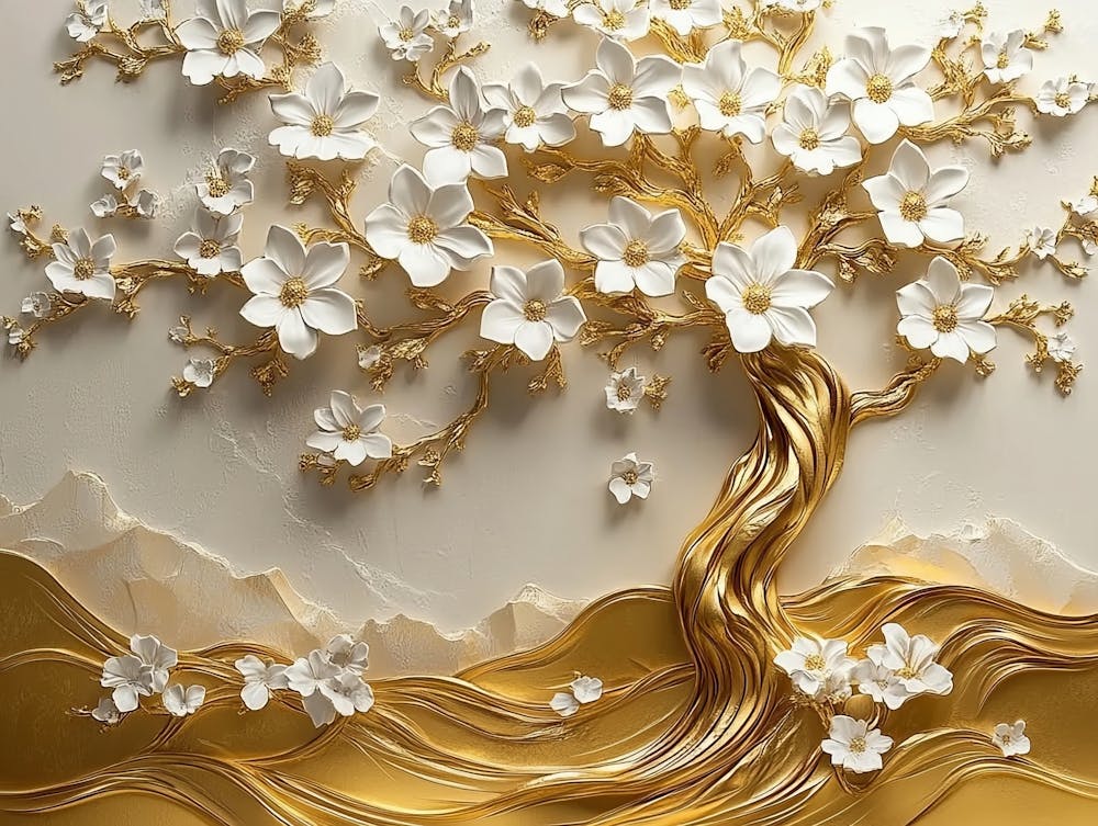 3d Art Golden Tree with White Flowers 1