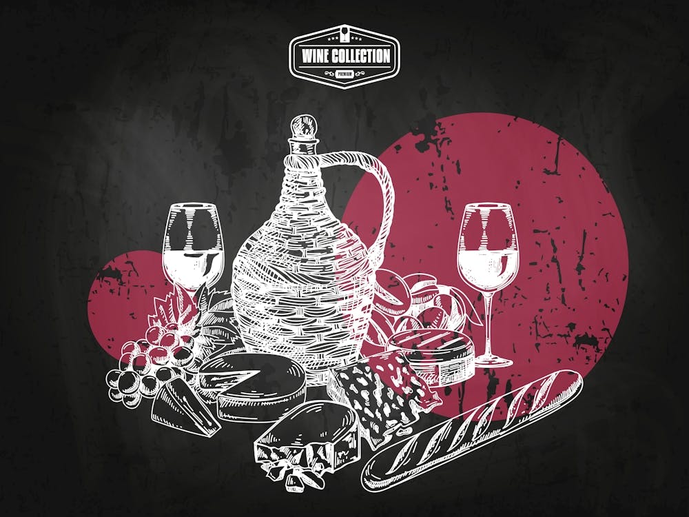 Chalkboard With Wine And Food — wine poster, kitchen poster, wine print