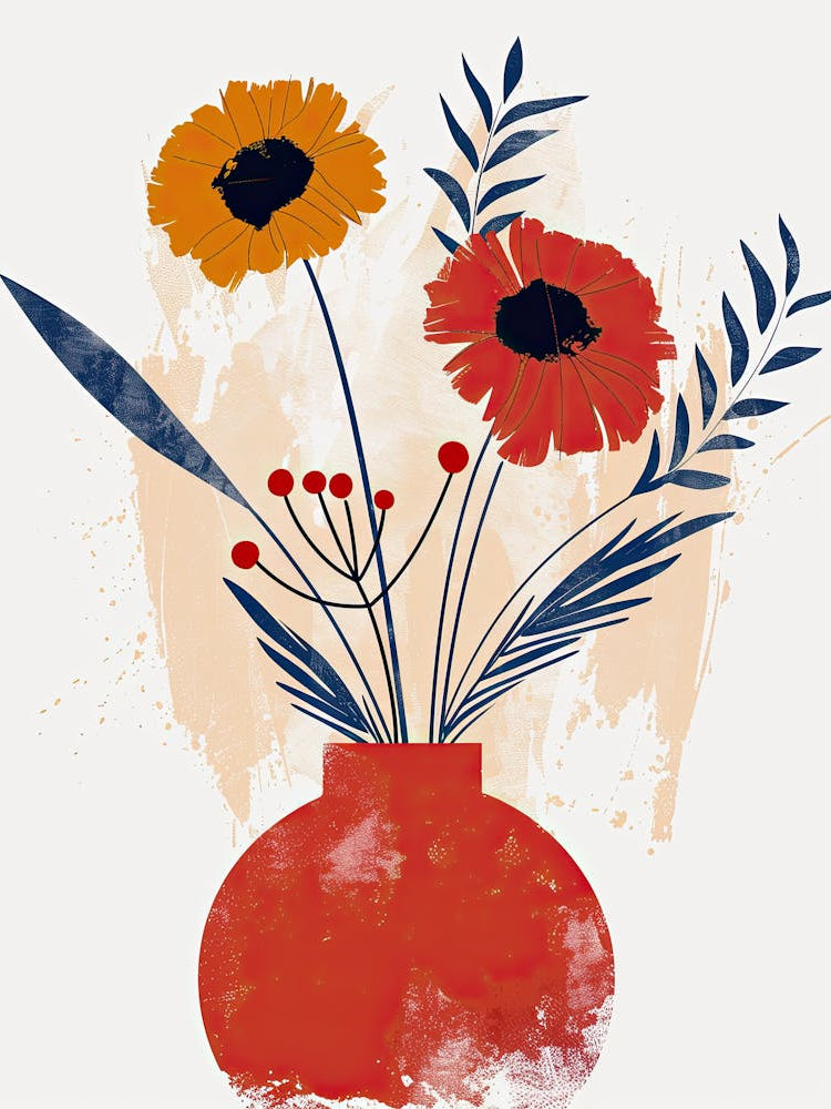Red Flowers In A Vase, Boho