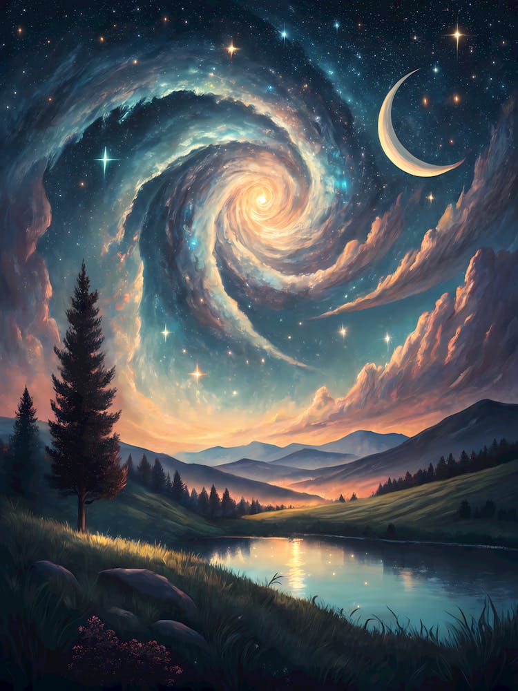 A Cosmic Swirl of Stars and a Crescent Moon Oil Painting Style
