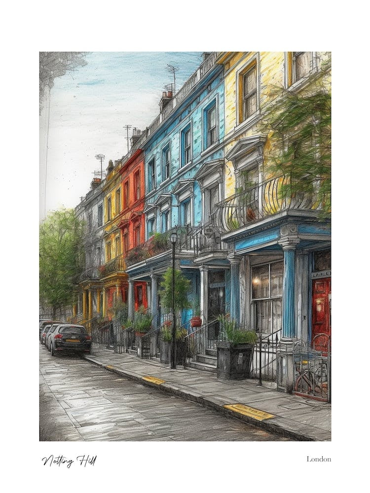 Notting Hill London Pencil Sketch 3 Watercolour Travel Poster