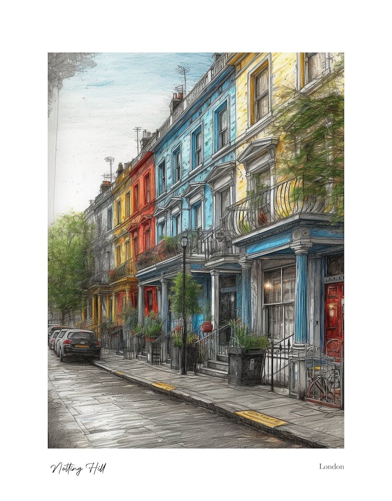 Notting Hill London Pencil Sketch 3 Watercolour Travel Poster