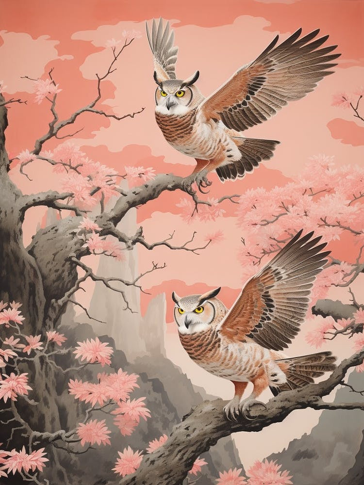 Vintage Japanese Inspired Bird Print Great Horned Owl 1
