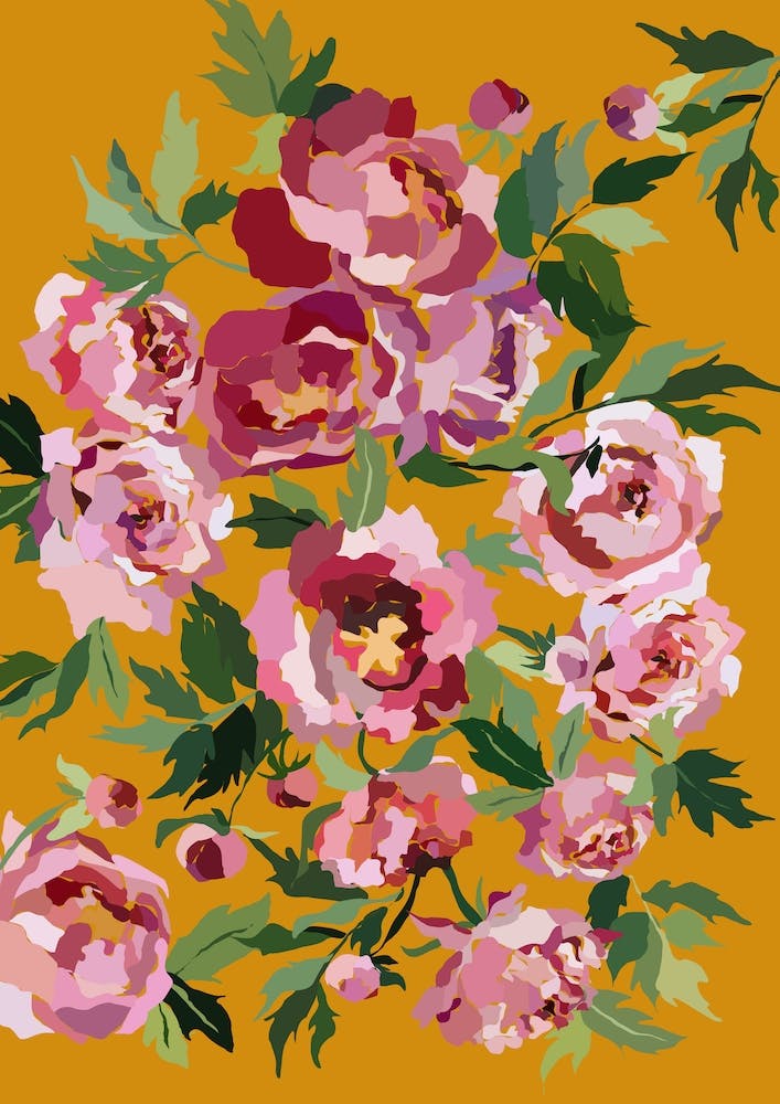 Happy Peony With Mustard Yellow Background