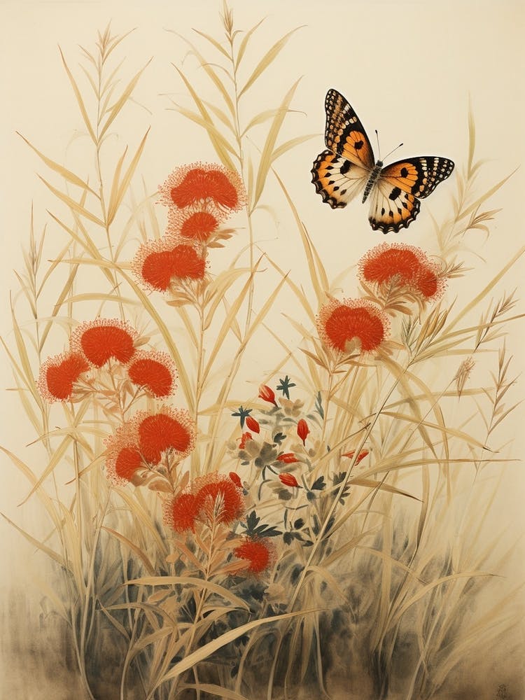 Butterflies In Wild Flowers Japanese Style Painting 8
