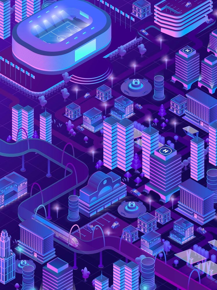 Isometric City - synthwave neon poster 1
