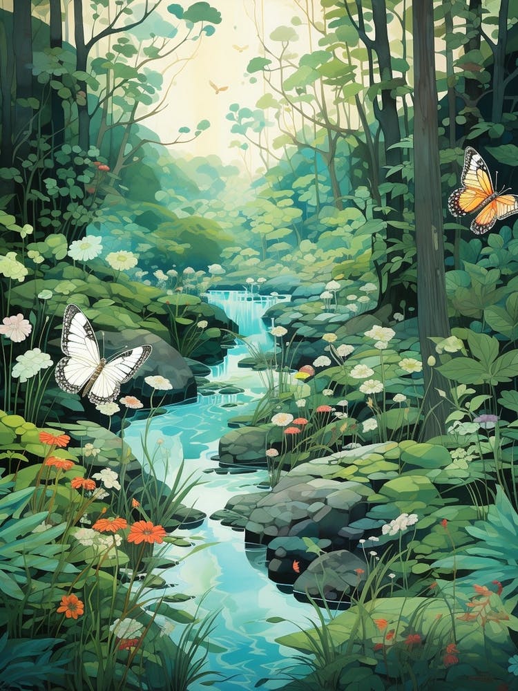 Butterflies By The Woodland Stream Japanese Style Painting