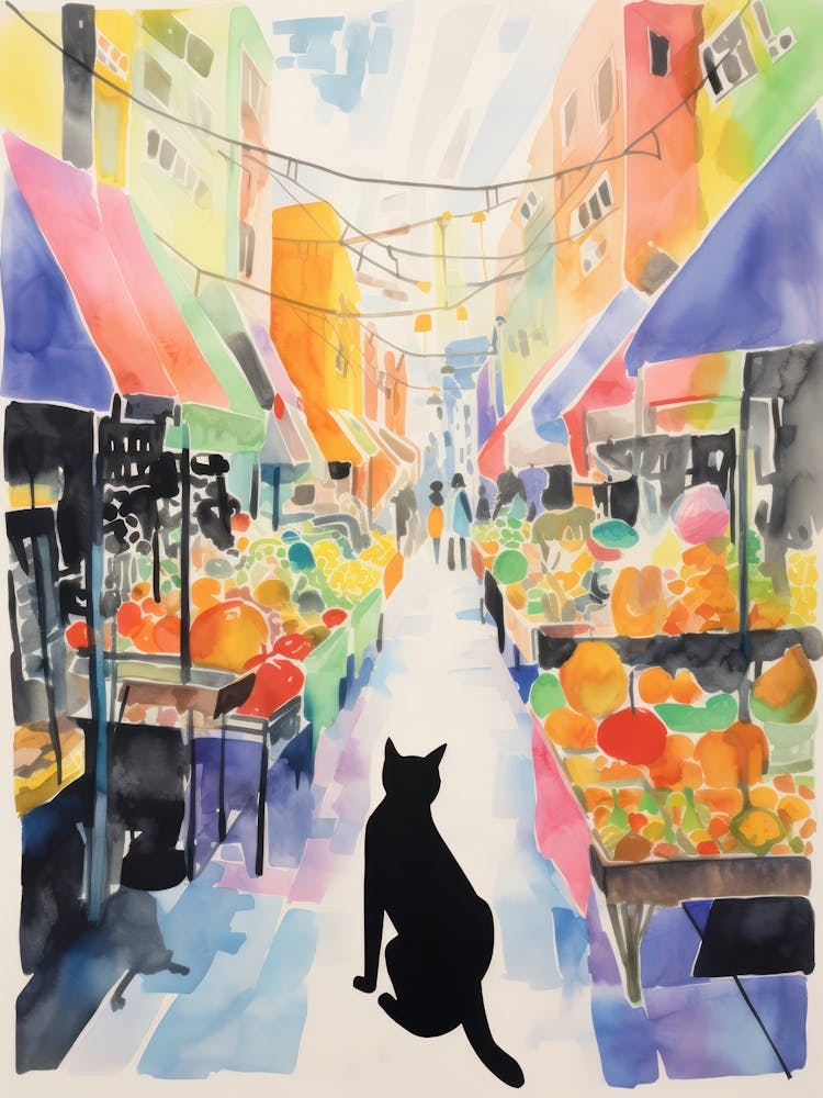 Food Market With Cats In Brooklyn 1 Watercolour