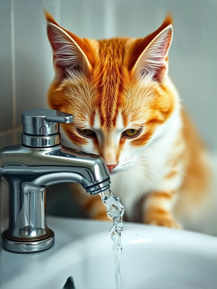 Print Photo Featuring A Cat Drinking Water From A Sink Water Tap