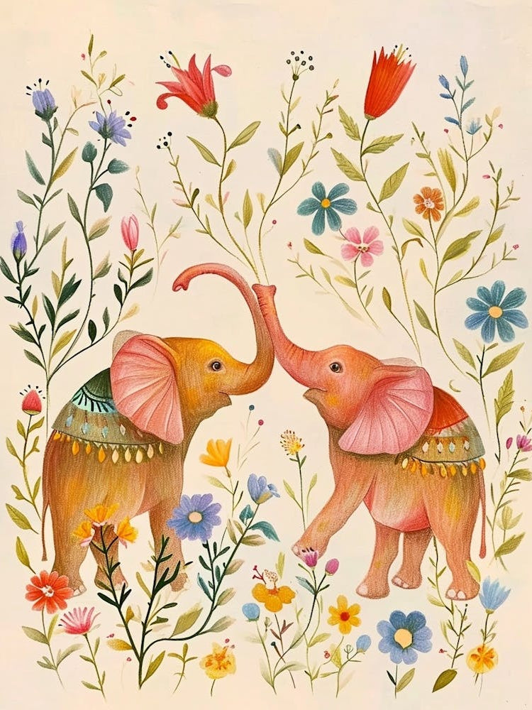 Folksy Floral Animal Drawing Elephant 2