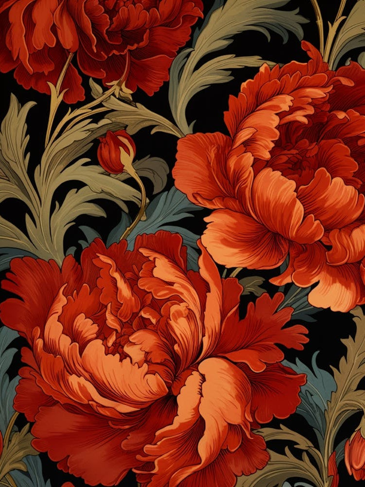 Red Peonies On Black Background
