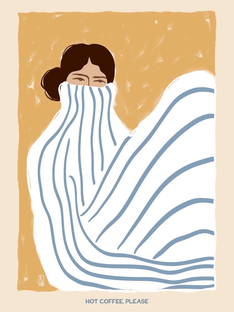 Hot coffee please, Abstract woman in long sweater, Fun art