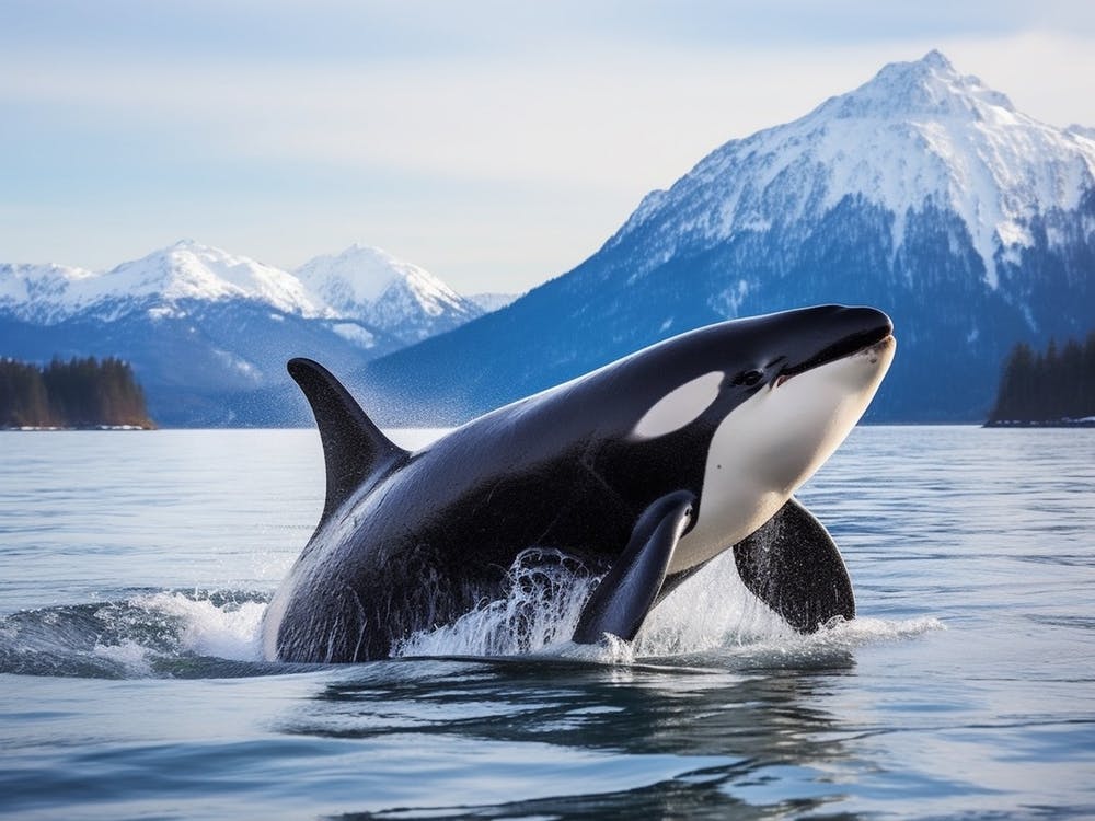 Realistic Photography Of Orca Whale Diving Out Of Water, Mountain In The Background