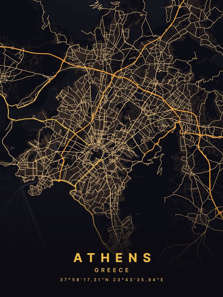 Athens Greece Black And Gold Map