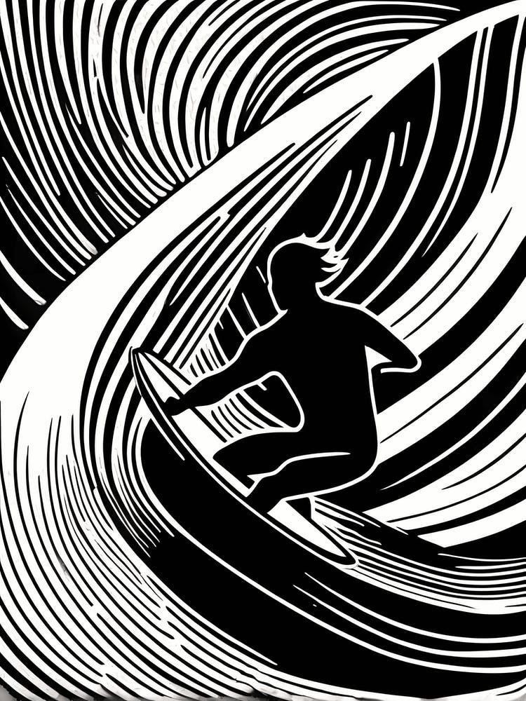 Linolschnitt Schwarz-Weiß Surfer auf einer Welle Kunst, Surf-Kunst, 253