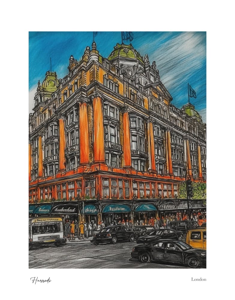 Harrods London Pencil Sketch 1 Watercolour Travel Poster