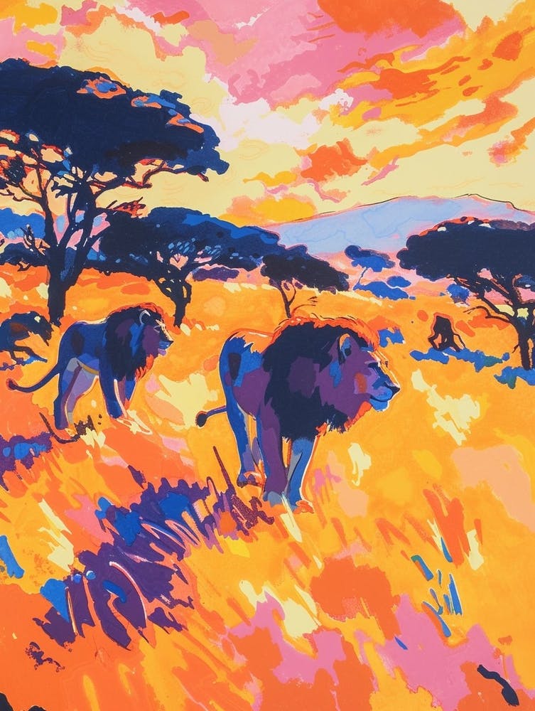 Transvaal Lion Hunting In The Savannah Fauvist Painting 2