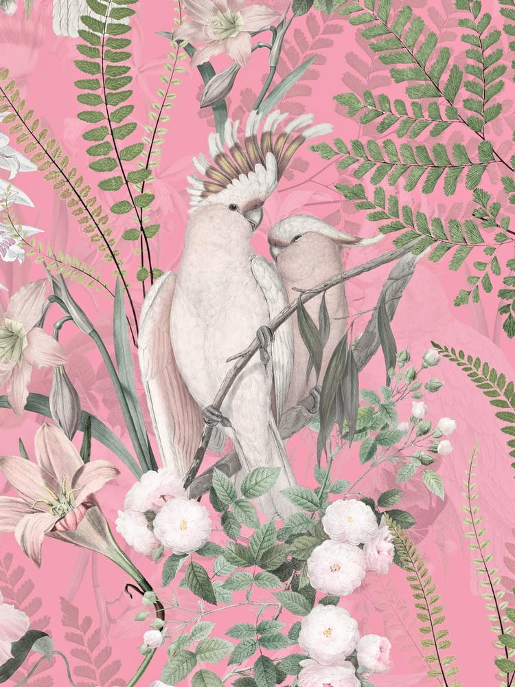 Tropical Birds With Roses And Leaves