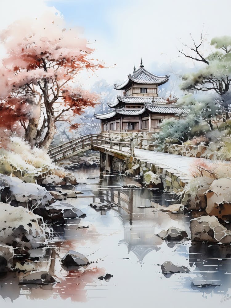 Ritsurin Garden In Kagawa, Japanese Brush Painting, Ukiyo E, Minimal 4