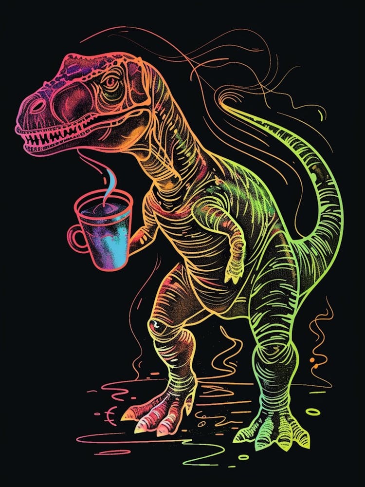 Neon Dinosaur Drinking Coffee