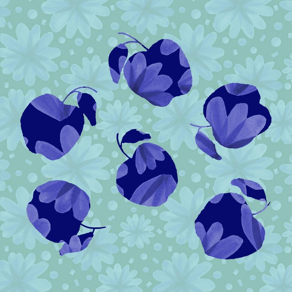 Navy Blue Floral Apples On Mint Pattern 