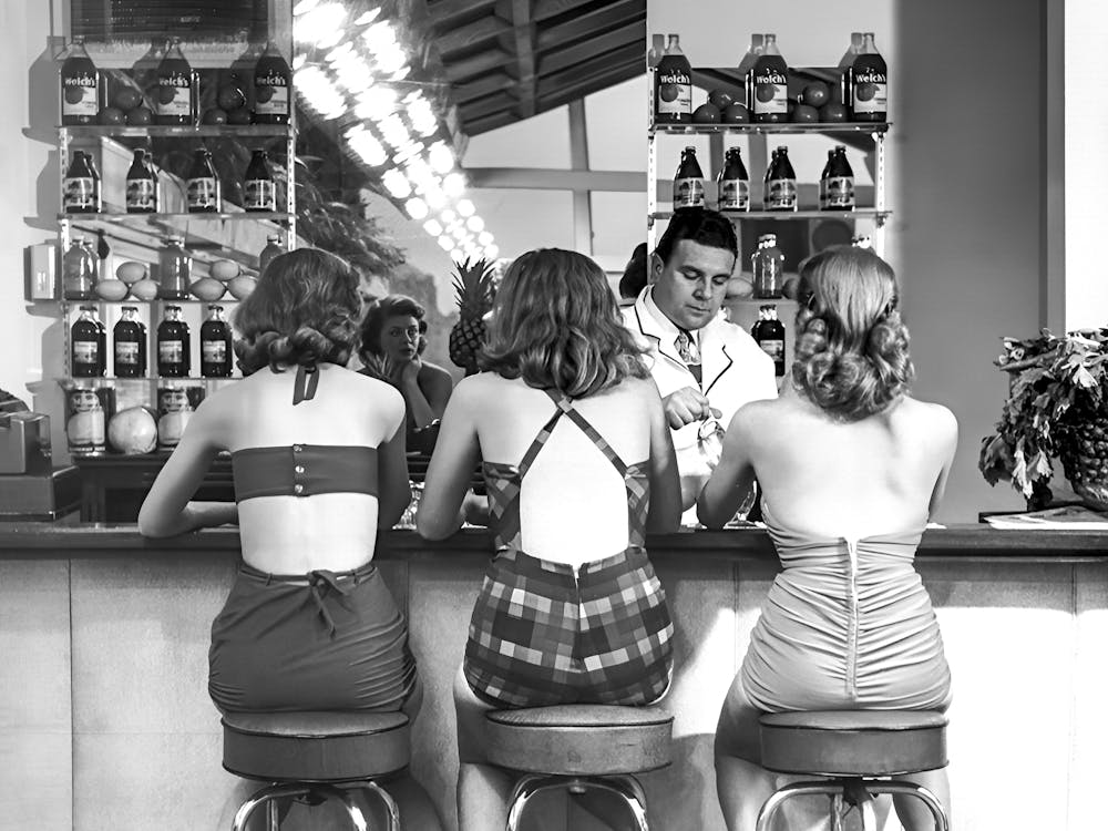 Girls At A Bar, Bar Cart Decor, Vintage Black and White Old Photo