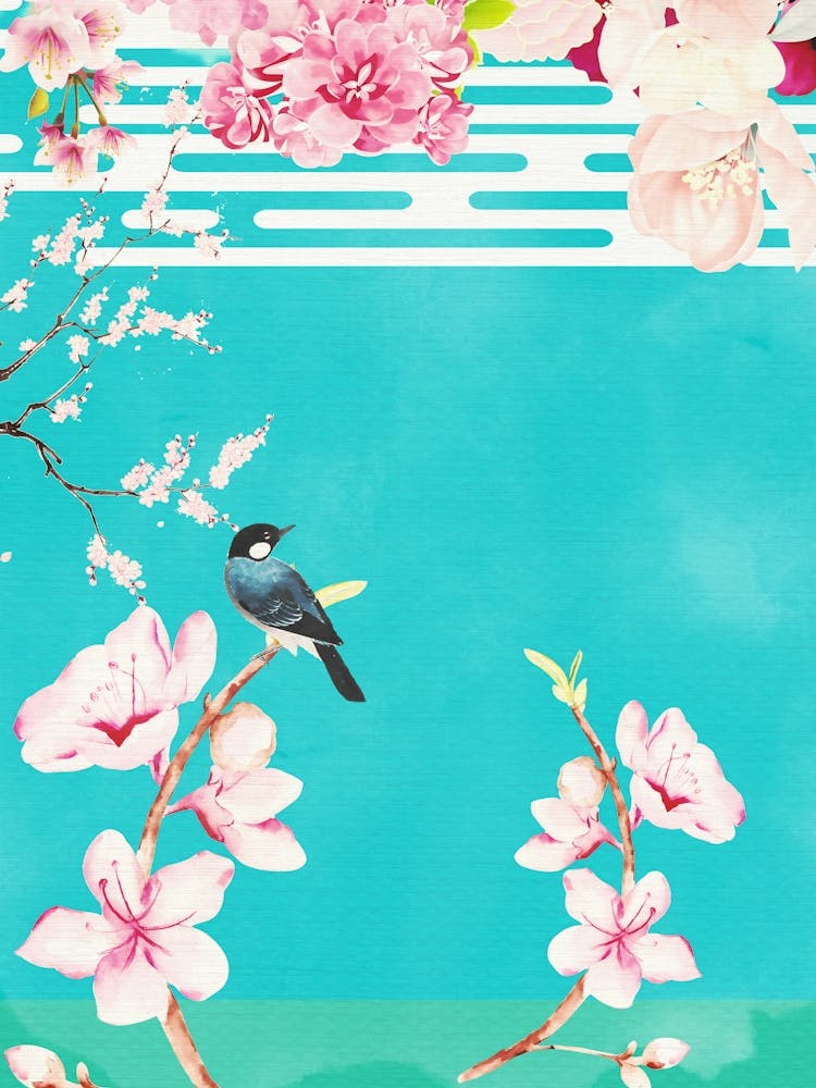 Petrol Aqua Chinoiserie Vögel und Blumen Kunst