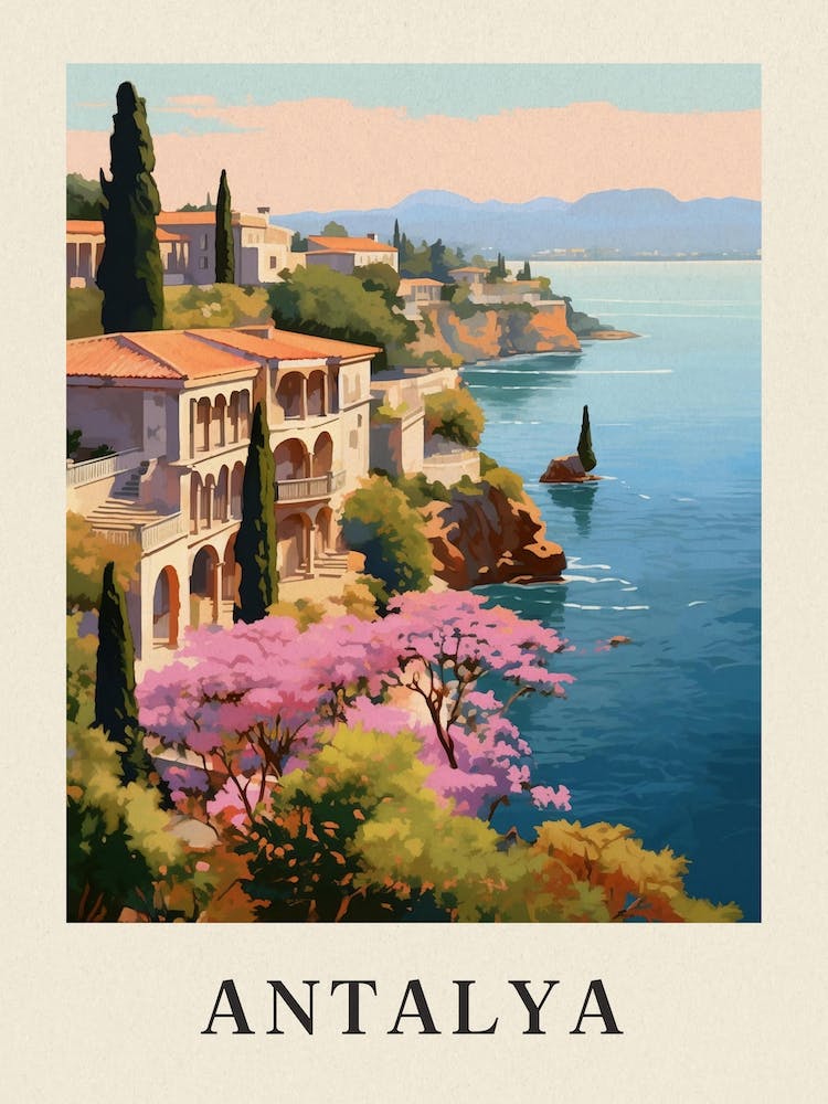 Antalya Turkey 8 Vintage Pink Travel Illustration Poster