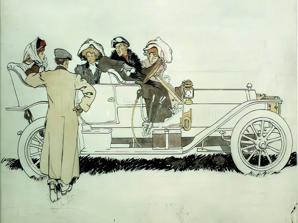 Advertisement Design Study For Pierce Arrow Automobiles Showing Man Talking To Three Women And A Man In Car, Edward Penfield
