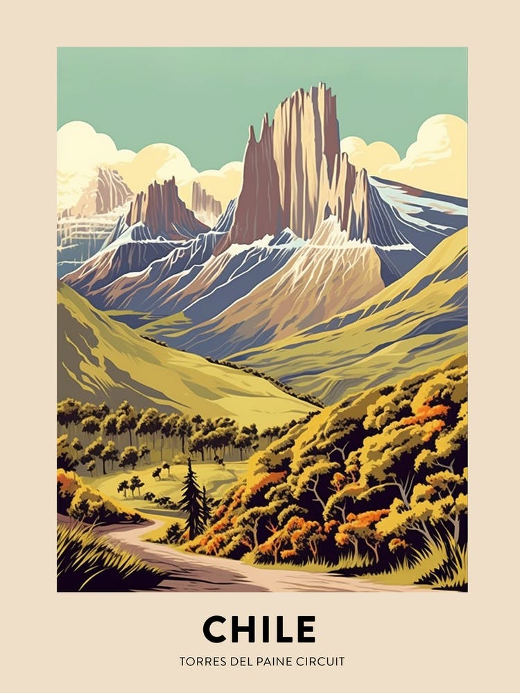 Torres Del Paine Circuit Chile 3 Vintage Hiking Travel Poster