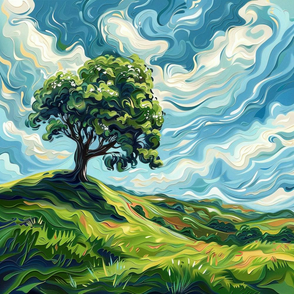 The Tree over the Meadows Oil Painting