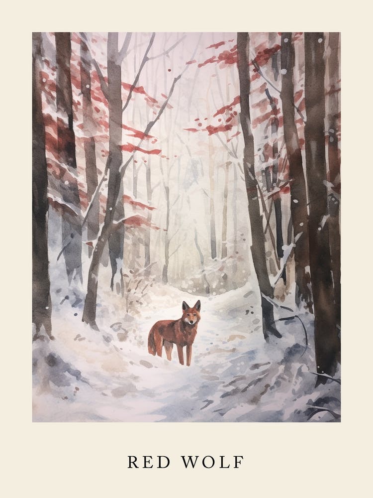 Winter Watercolour Red Wolf 2 Poster