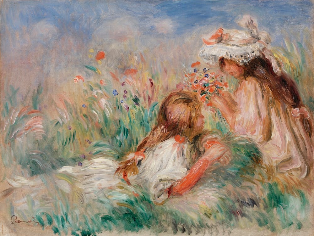 Girls In The Grass Arranging A Bouquet, Pierre Auguste Renoir