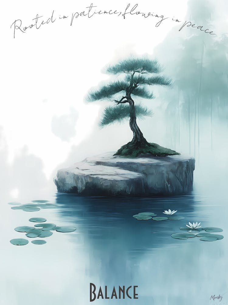 Zen Bonsai And Gentle Stream, soft palette watercolor minimalist Calm Poster