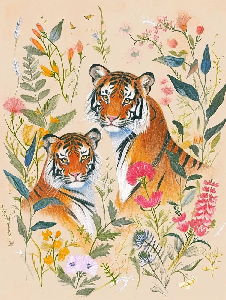 Folksy Floral Animal Drawing Tiger 4