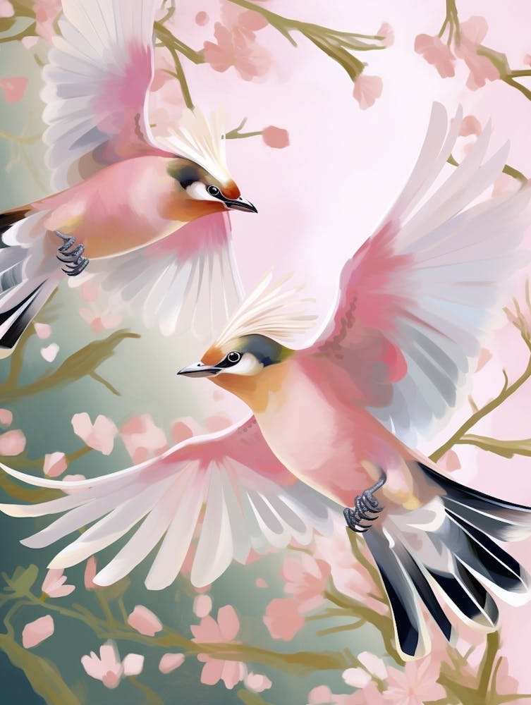 Pink Ethereal Bird Painting Cedar Waxwing