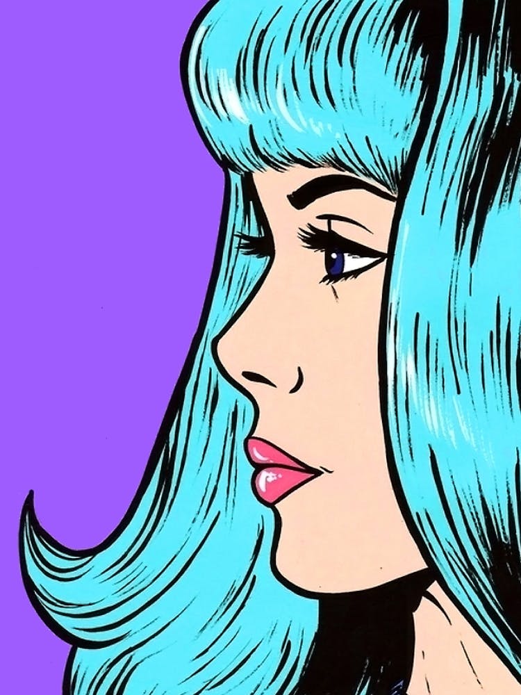 Pop Art Girl Face With Bright Blue Hair