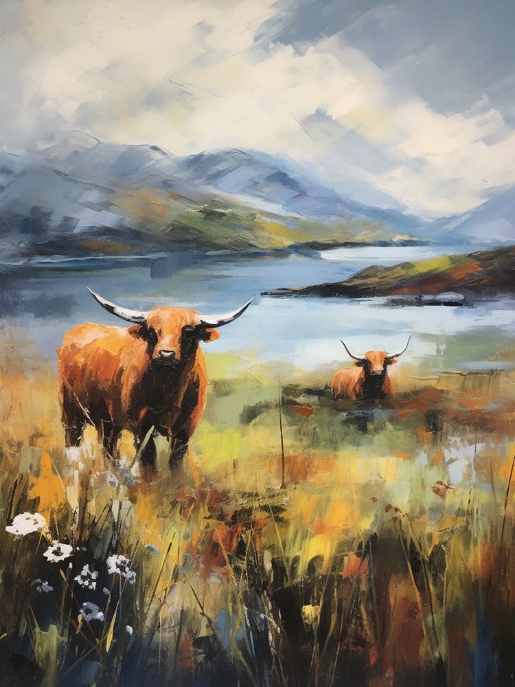 A Highland Cow & A Calf Impressionism Style 1