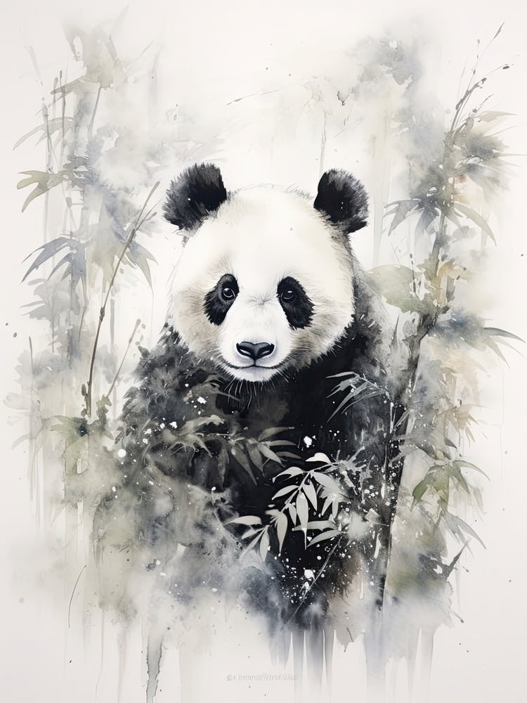 Panda Art In Sumi E (Japanese Ink Painting) Style 4