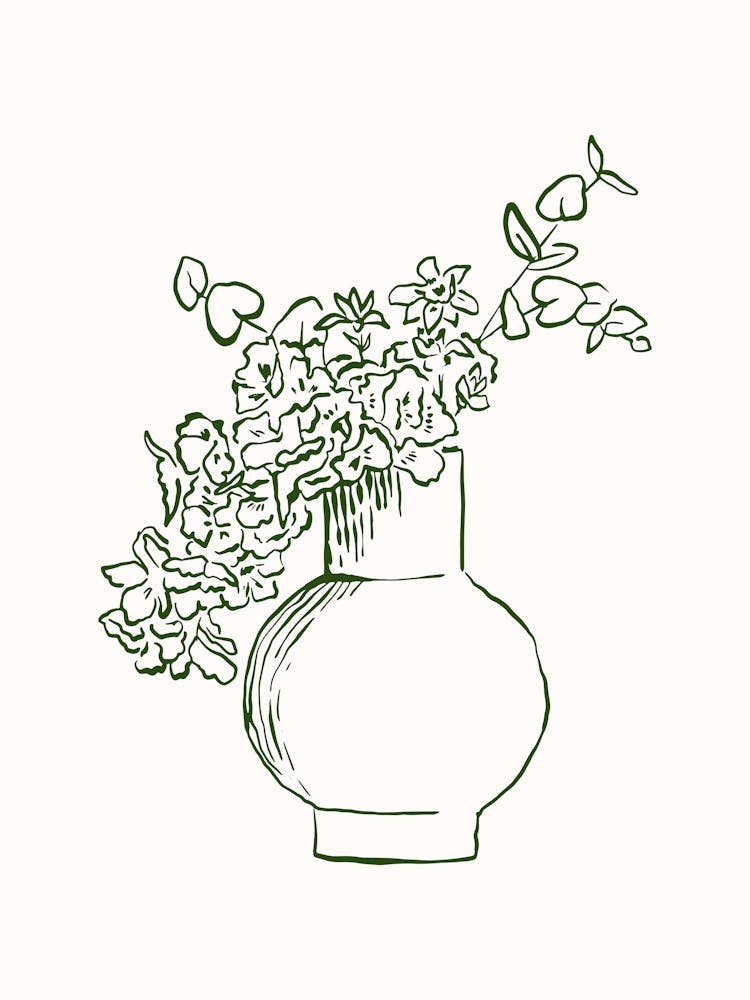 Green Fine Line Vase Flower Poster