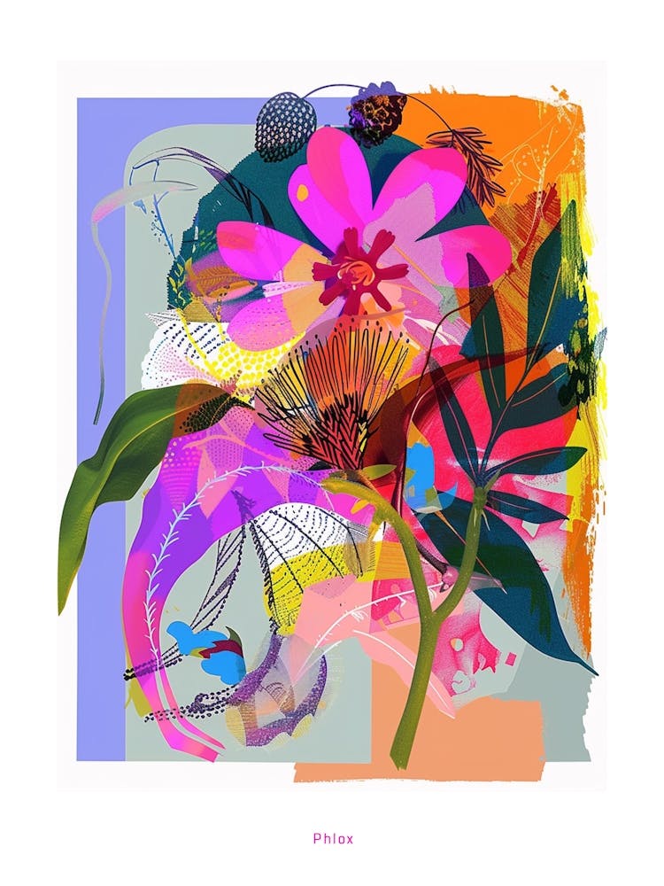 Phlox 1 Neon Flower Collage Poster